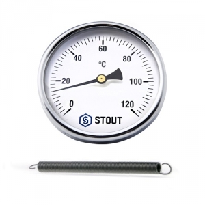 Термометр биметаллический накладной STOUT (D63 мм, шкала 0-120°C, с пружиной)